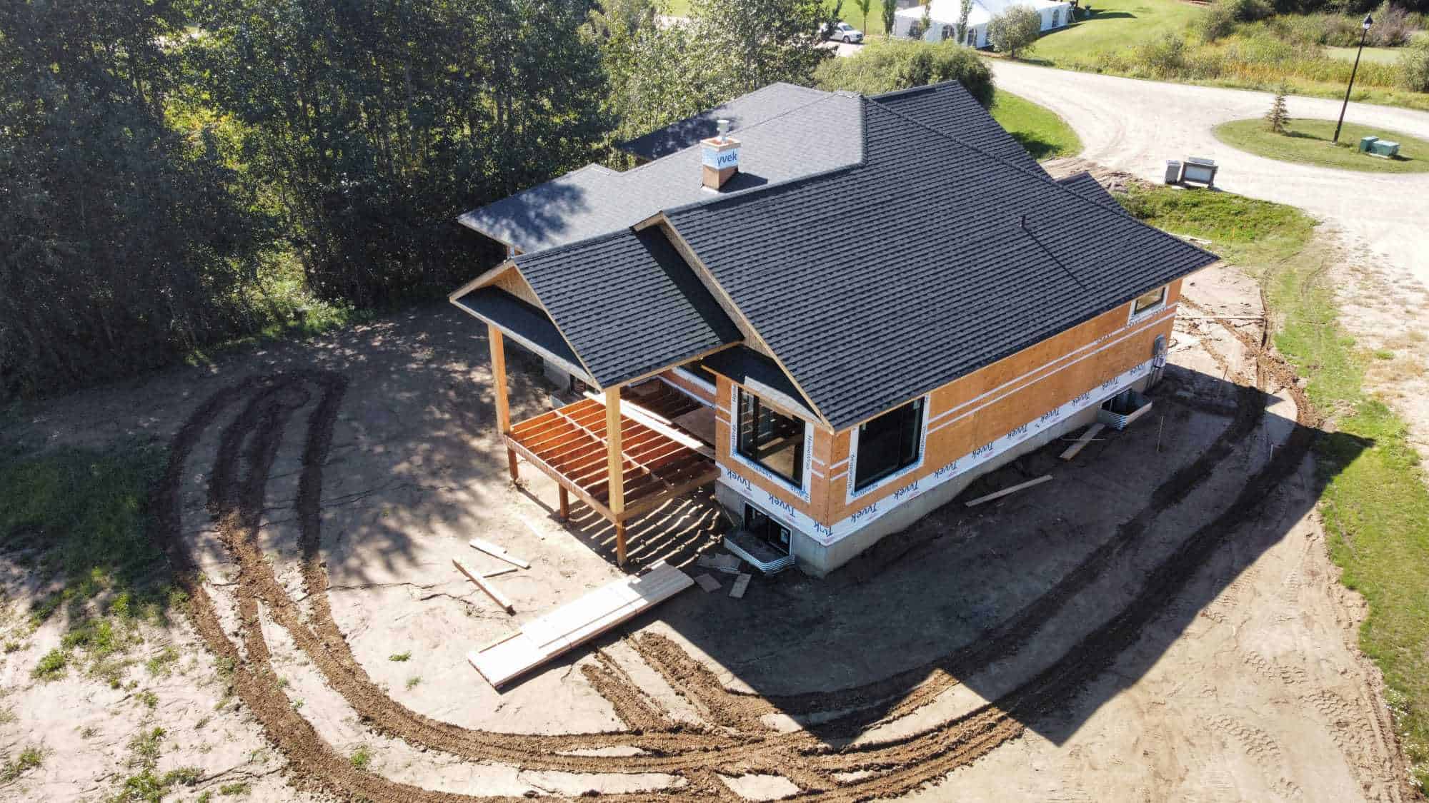 The Juniper Home Under Construction at Spring Lake Ranch Drone Image with the Roof Built