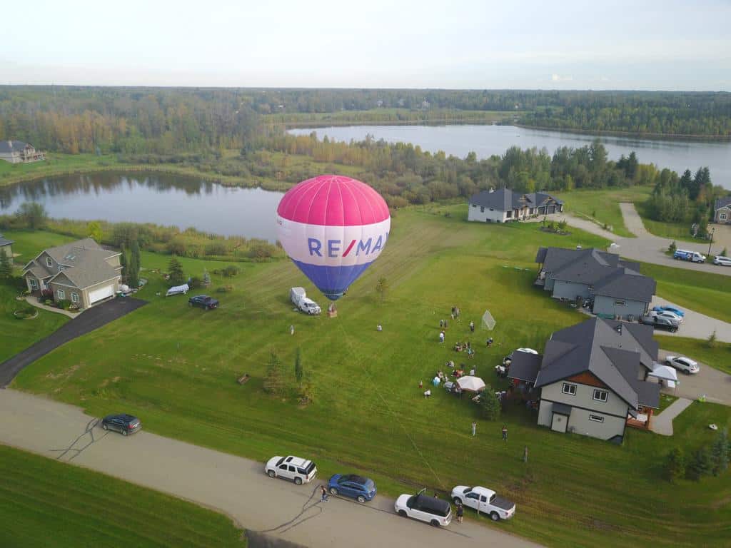 A Re/Max hot air balloon as captured from a drone flying above Spring Lake Ranch in September 2019
